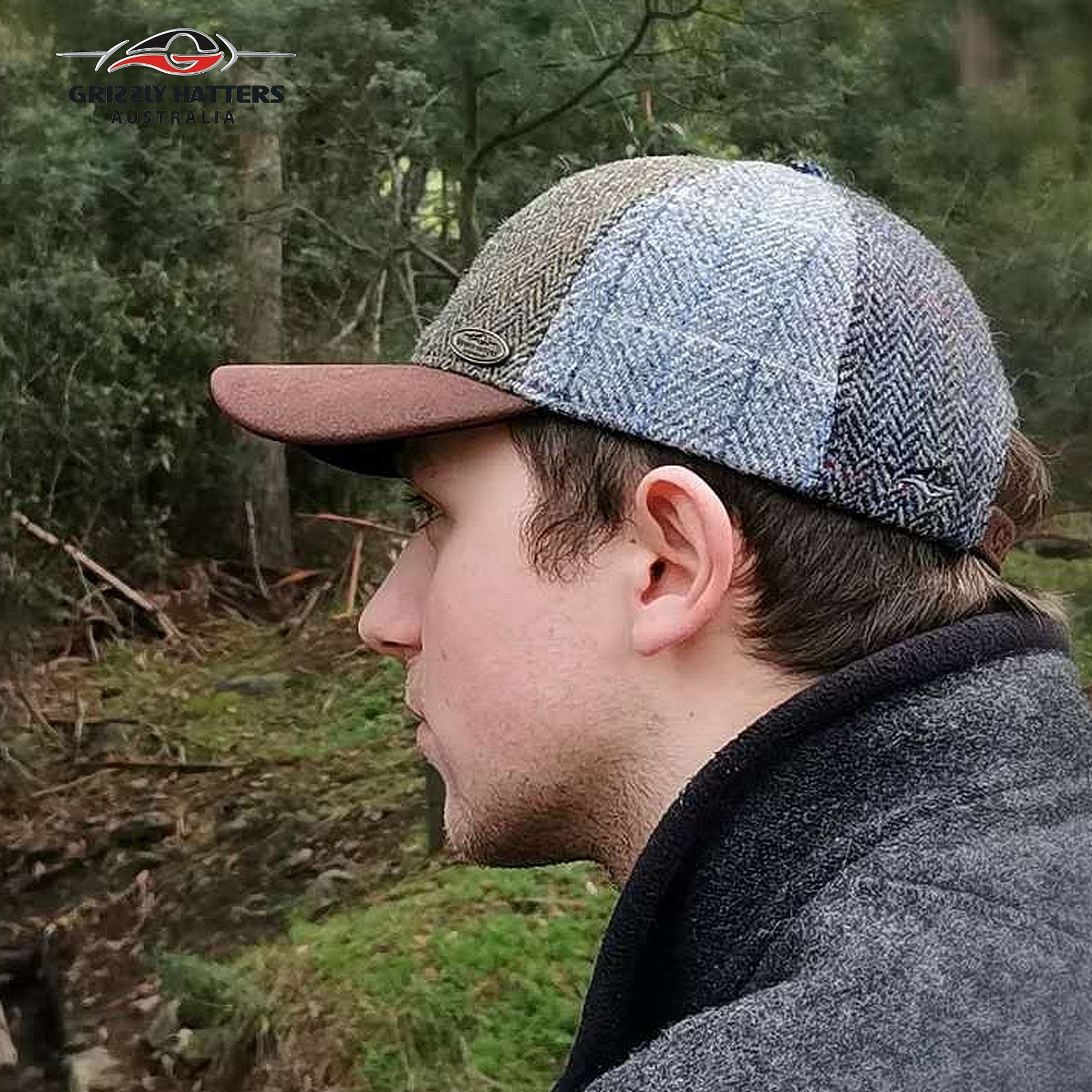 Traditional Harris Tweed Wool Flat Cap in Patchwork hand made in Tasmania Australia by Grizzly Hatters Salamanca Market 