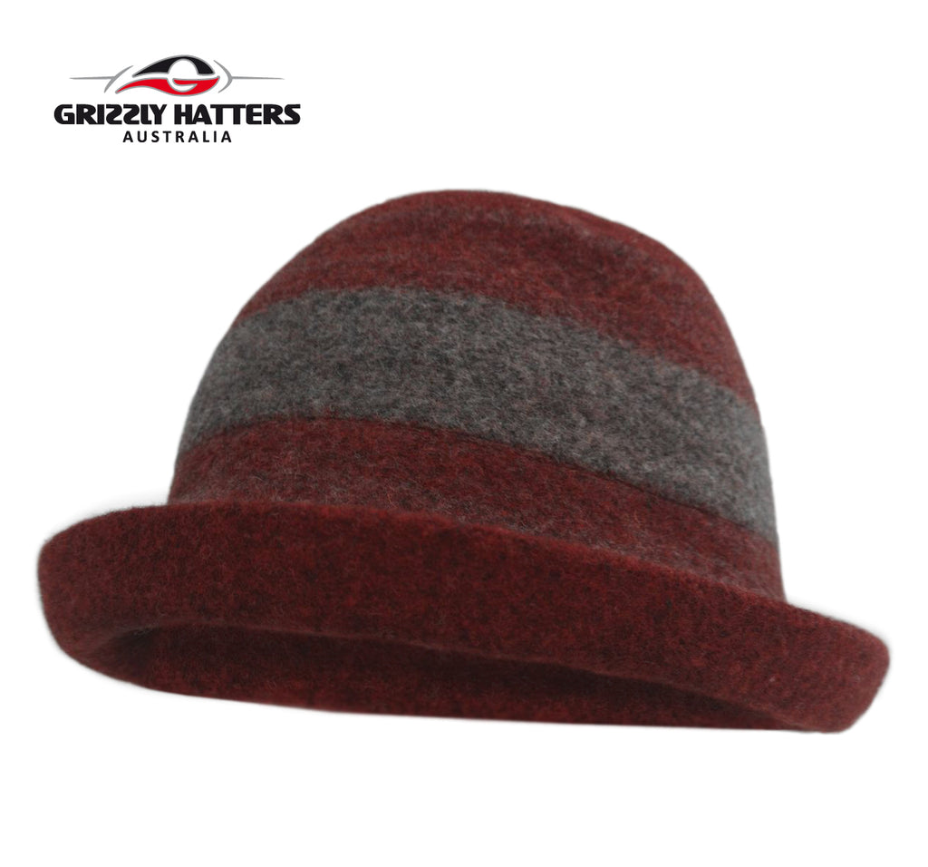Ladies 100% Australian Wool Hat Cloche Curled Brim Burgundy/Dark Grey Colour Adjustable size Foldable