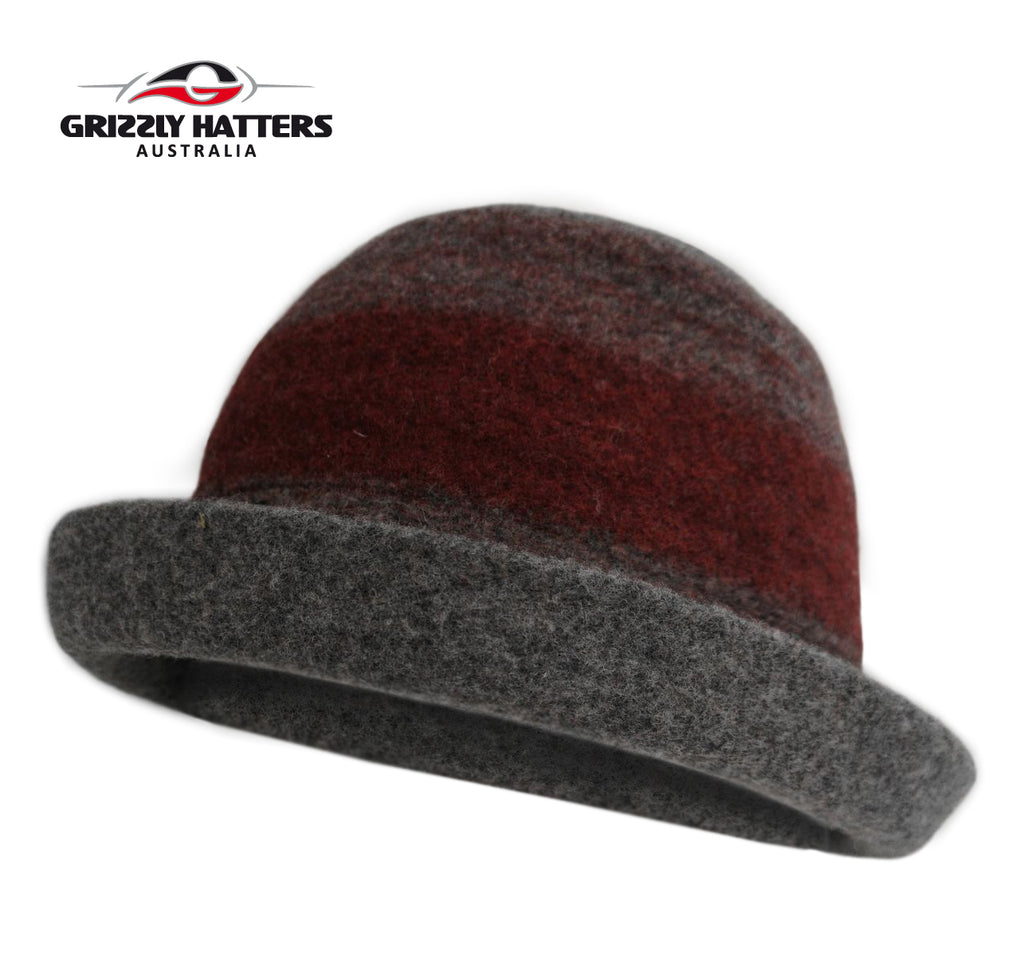 Ladies 100% Australian Wool Hat Cloche Curled Brim Dark Grey / Burgundy Colour Adjustable size