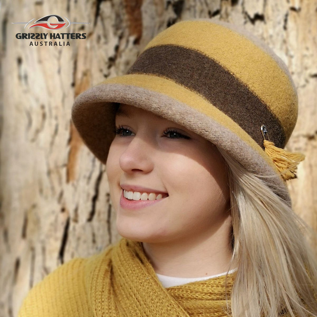 Mustard Colour 100% Wool Ladies hat Elegant Classic Fashion Adjustable size Foldable 
