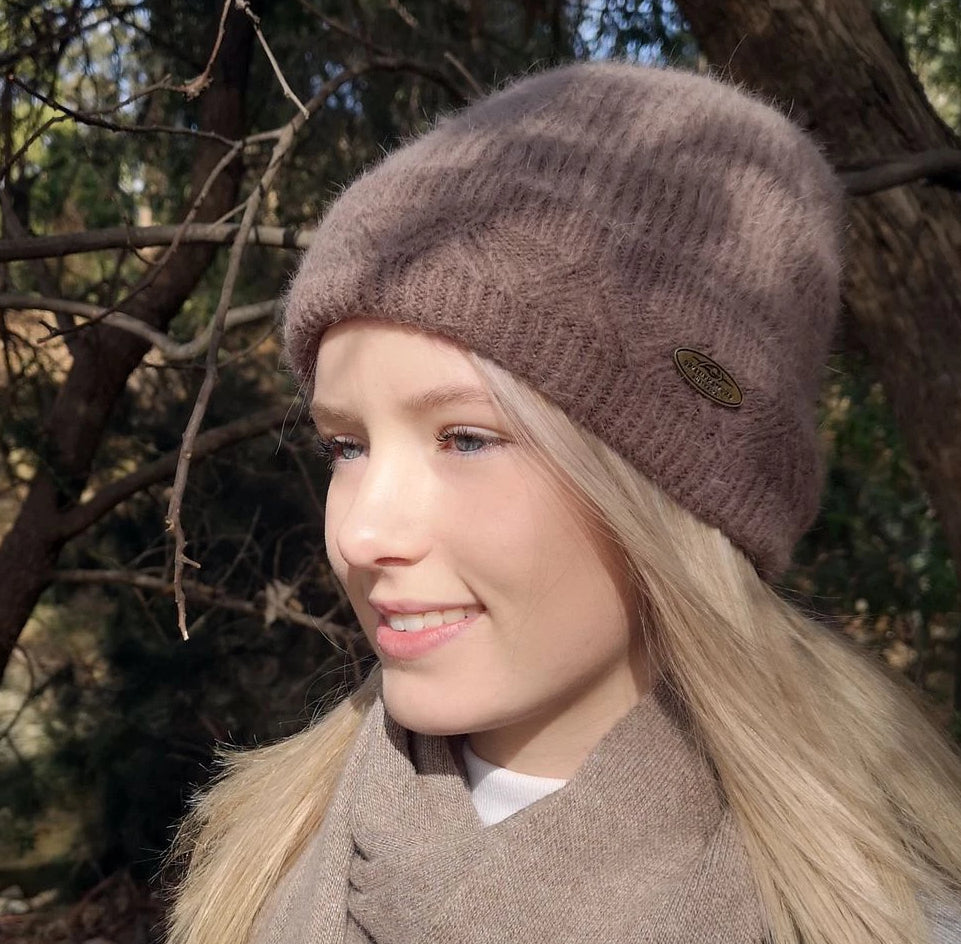 Merino & Angora Wool blend Beanie with fleece lining mocha brown colour