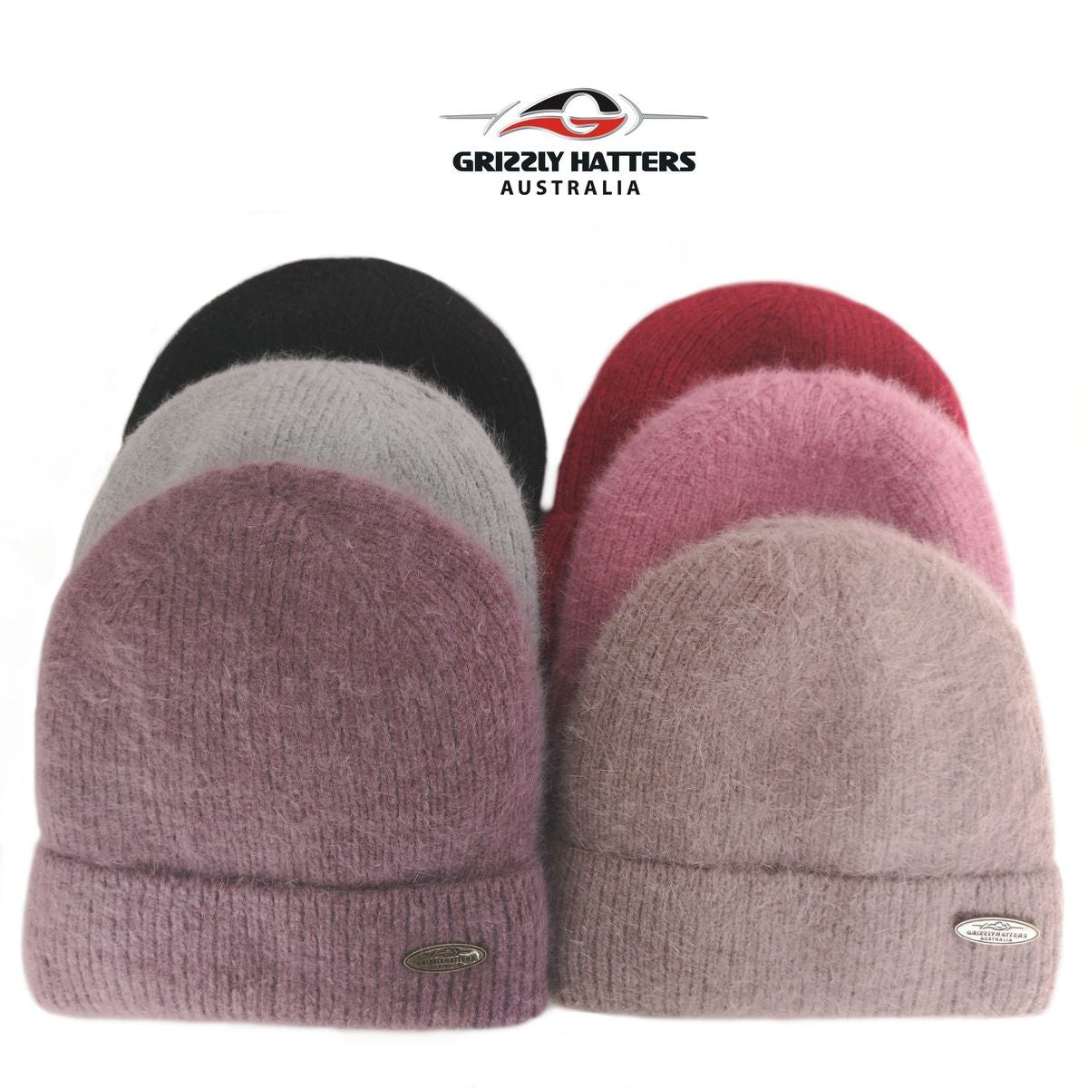 Merino and Angora wool blend beanie with fleece lining black pink purple red brown grey