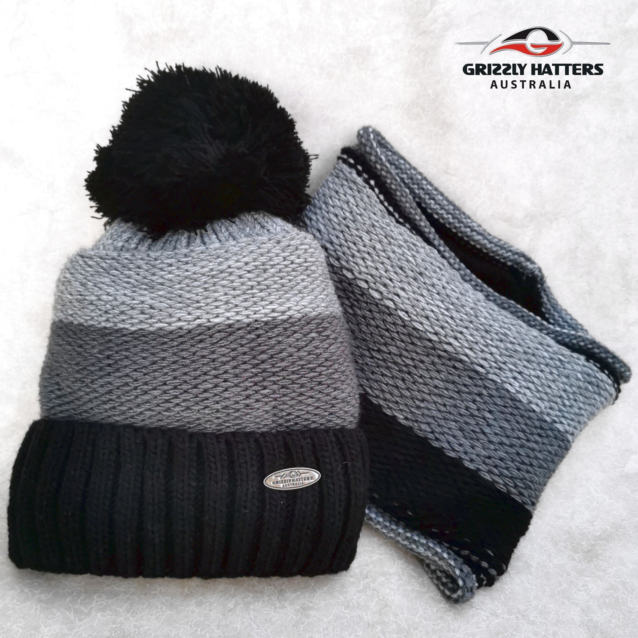 Merino wool & Acrylic blend Pompom Beanie & Loop Scarf Set with fleece lining Black/Light Grey/Dark Grey Colour by Grizzly Hatters Australia Tasmania Salamanca Market