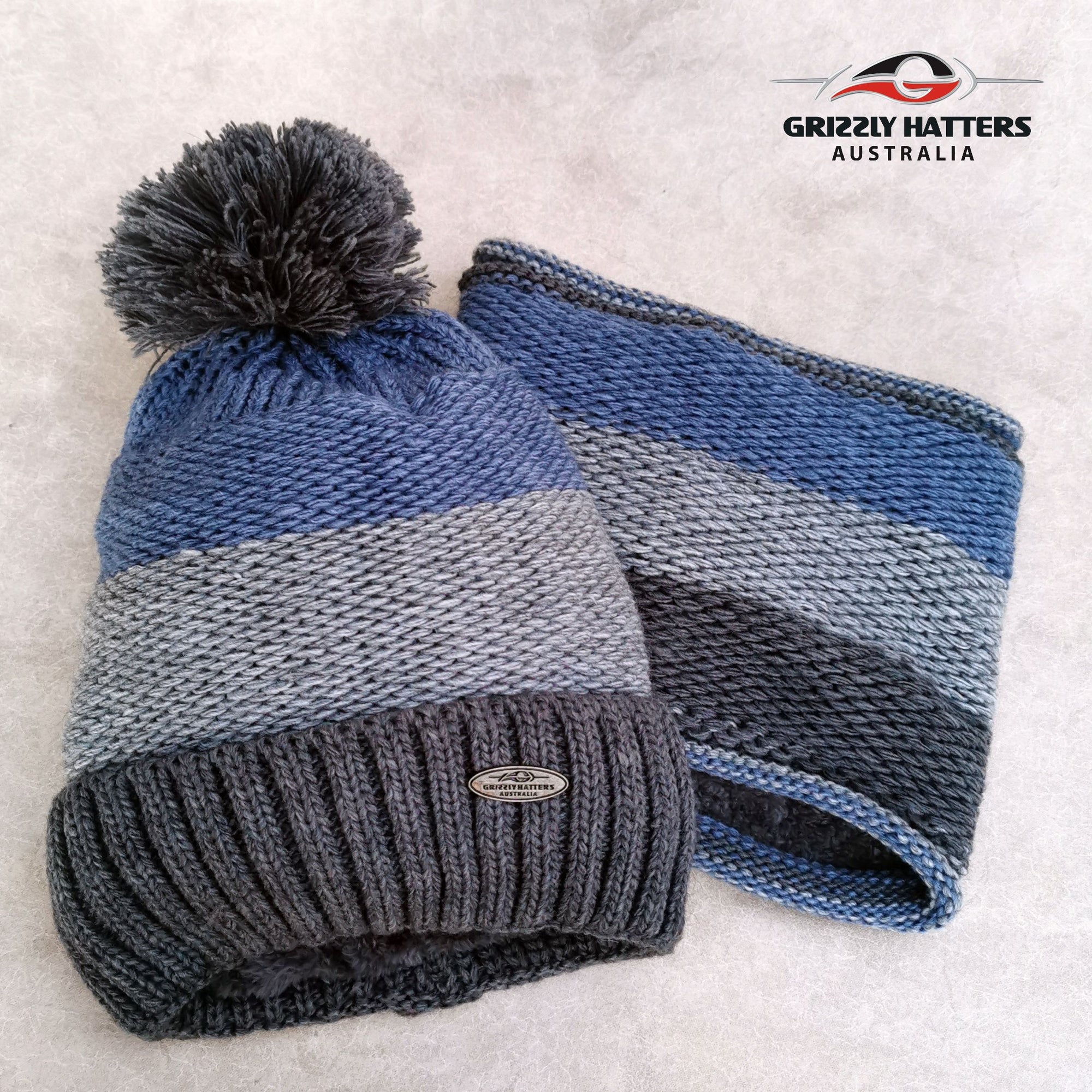 Merino wool & Acrylic blend Pompom Beanie & Loop Scarf Set with fleece lining Blue/Light Grey/Dark Grey Colour by Grizzly Hatters Australia Tasmania Salamanca Market