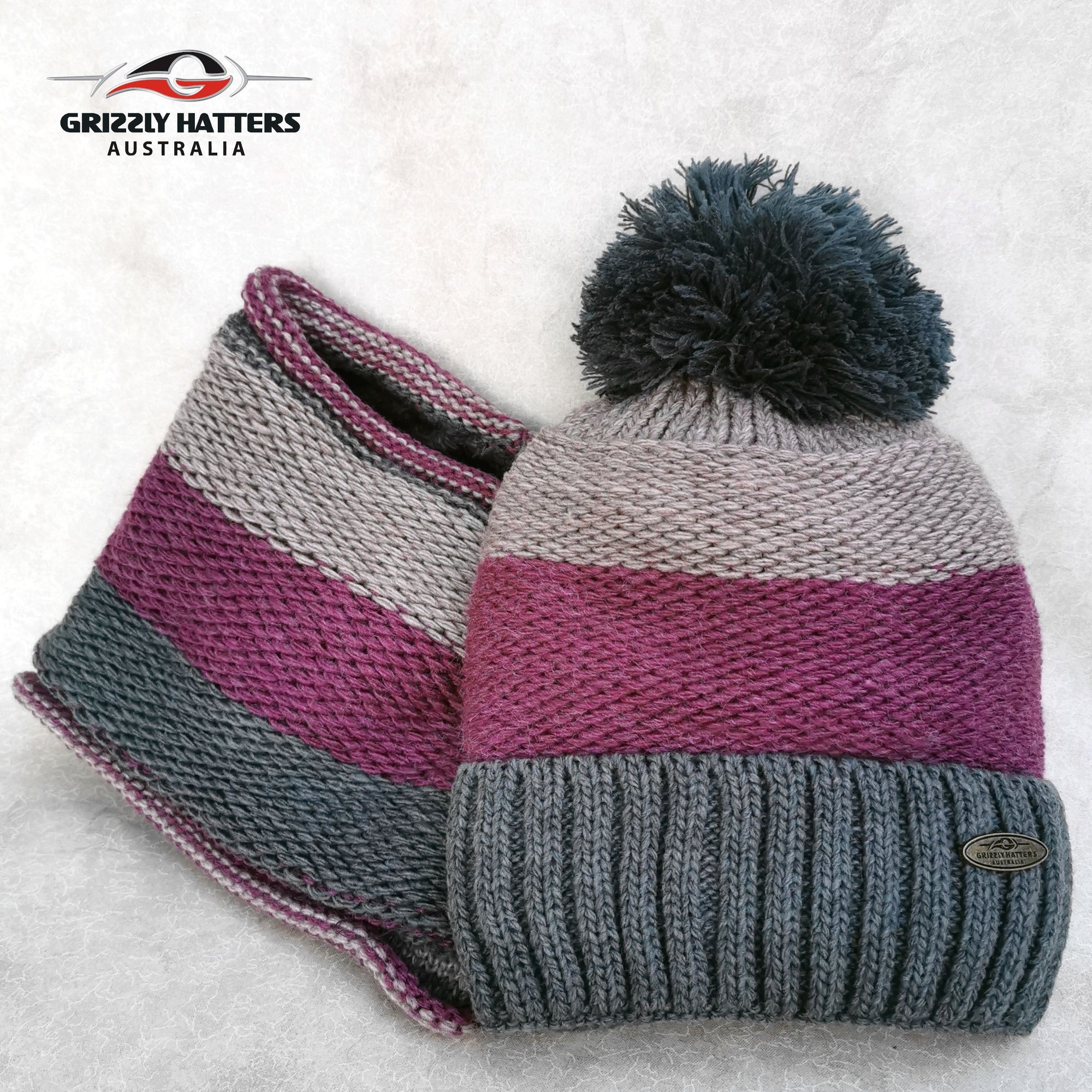 Merino wool & Acrylic blend Pompom Beanie & Loop Scarf Set with fleece lining Lilac/Plum/Dark Grey Colour by Grizzly Hatters Australia Tasmania Salamanca Market