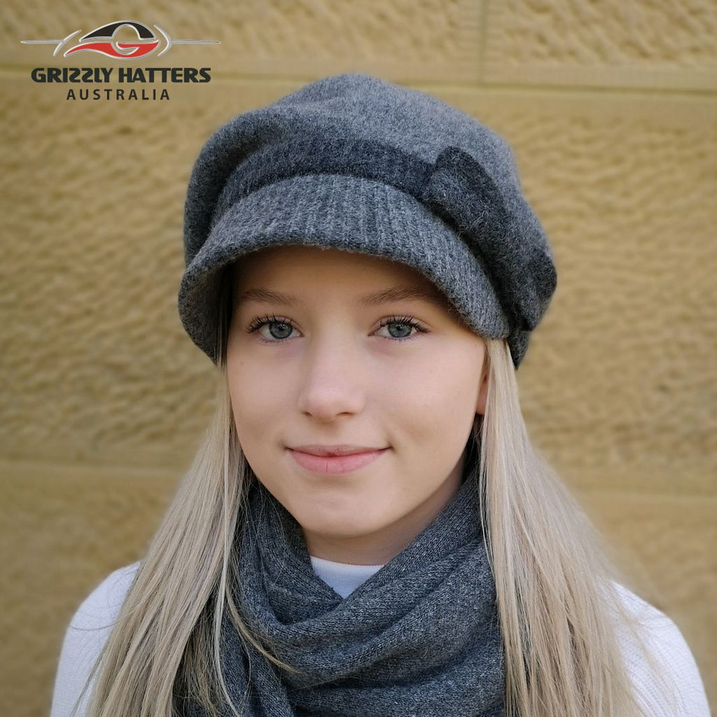 Ladies merino 100% Australian Wool Cap Beret with a peak in grey colour designed in Tasmania by Grizzly Hatters