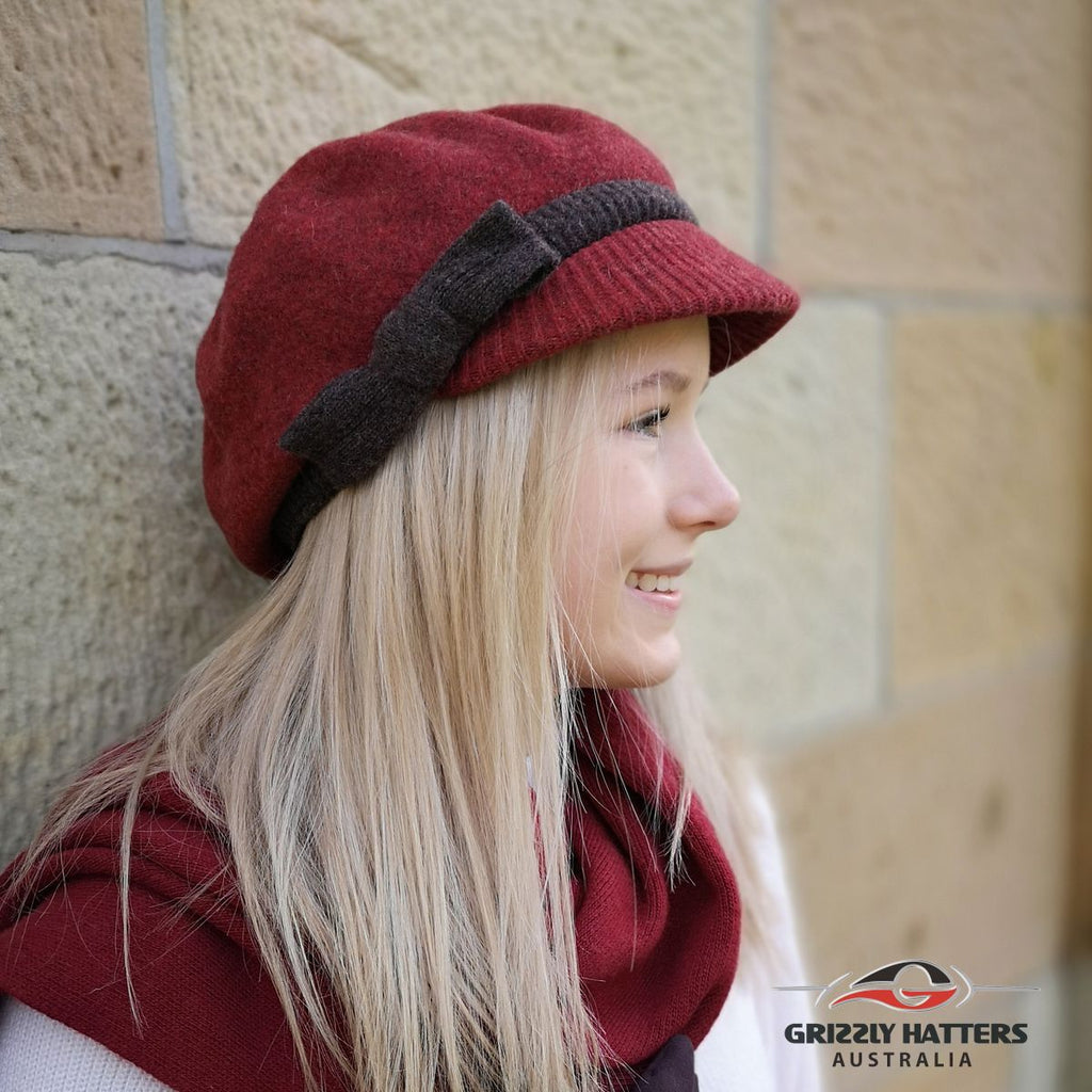 Ladies merino 100% Australian Wool Cap Beret with a peak in maroon and chocolate colour designed in Tasmania by Grizzly Hatters 